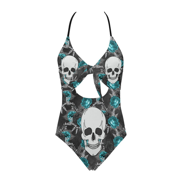 Skull With Rose One Piece Backless Hollow Out Bow Tie Swimsuit