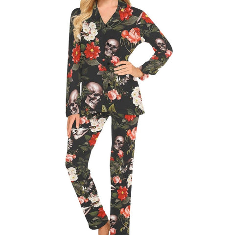 Women's Skull Floral Long-Sleeve 2 Piece Sleepwear Pajama Set