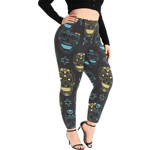 Skull Monochrome Gold Blue Black Plus Size Leggings