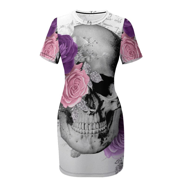 White Skull Purple & Pink Flowers Crew Neck Short Sleeve Dress
