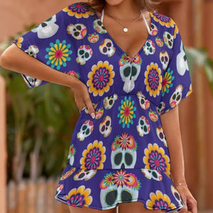 Ladies Mexican Skulls Thin Short Sleeve Beach Cover Up