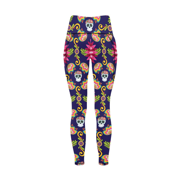 Women's Colorful Floral Skull Pattern Leggings With Pockets