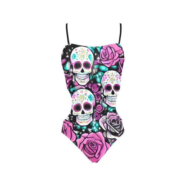 Women's Skulls Pink Floral One Piece Spaghetti Strap Cut Out Sides Swimsuit