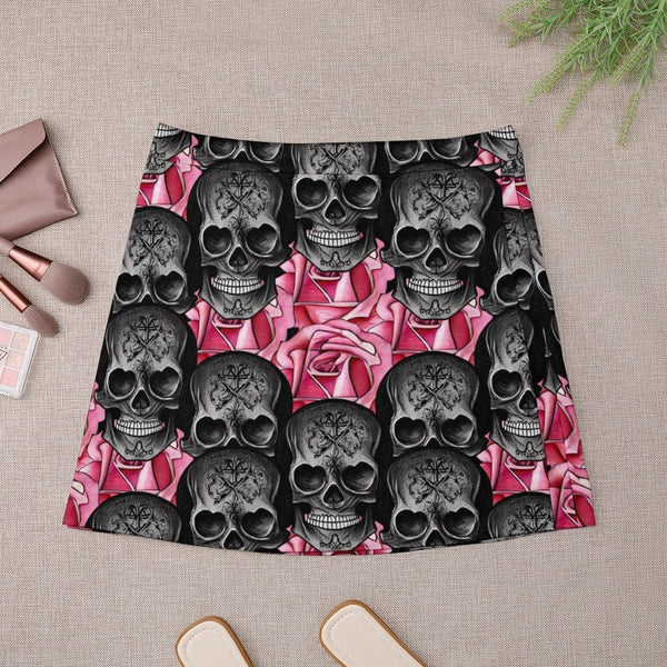 Black Skulls Pink Floral Ladies Short Skirt