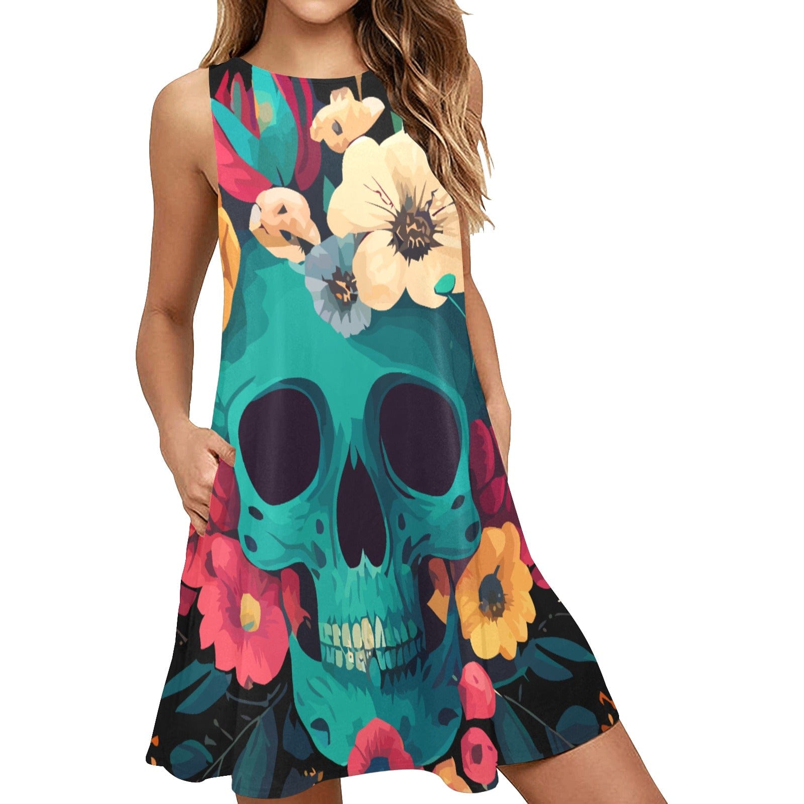 Women's Blue Skull Floral Sleeveless A-Line Pocket Dress – Everything Skull Clothing Merchandise and Accessories