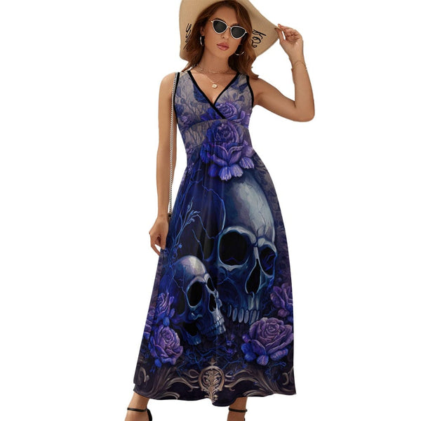 Ladies Blue Skull Floral Sleeveless Dress