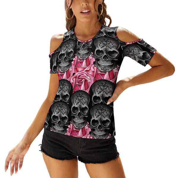 Women's Black Skulls Pink Flowers Open Shoulder U-neck Short Sleeve Top