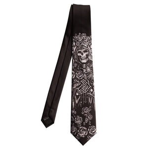 Men's Original Printing Black White Skull Rose Cross Necktie
