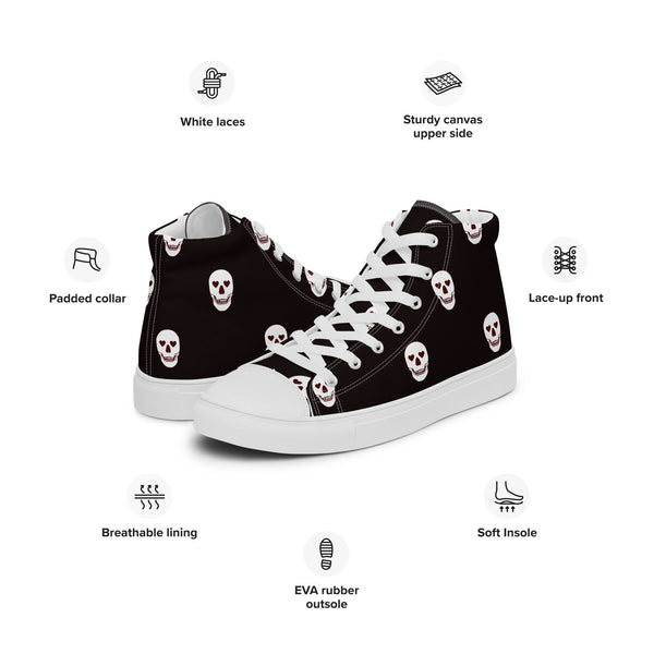 Men’s Black With White Skulls High Top Canvas Shoes
