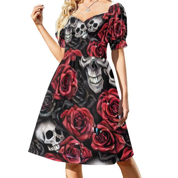 Red Roses Skull Print Sweetheart Dress