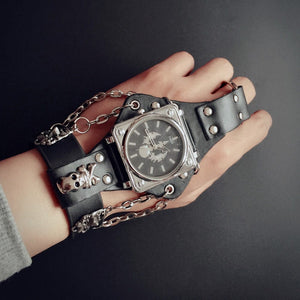 Punk Skull Black Leather Bracelet Wrist Watch with 50 mm Wide Band - Skull Clothing and Accessories Skull only Merchandise