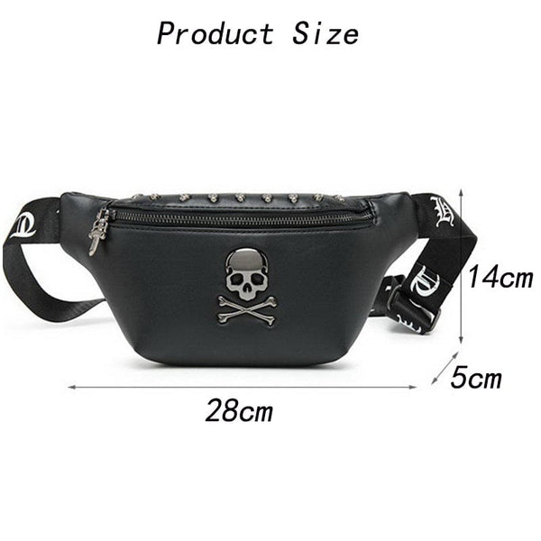 Rock Skull Unisex Rivet Luxury Black Fanny Pack Leather - Skull Clothing and Accessories Skull only Merchandise
