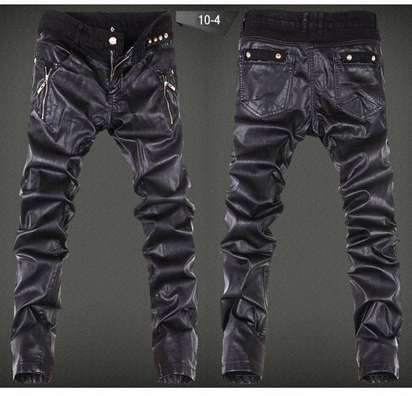 Men's Skull Spliced Leather Pants Casual Slim Fit