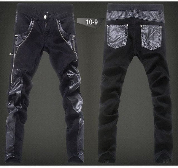 Men's Skull Spliced Leather Pants Casual Slim Fit