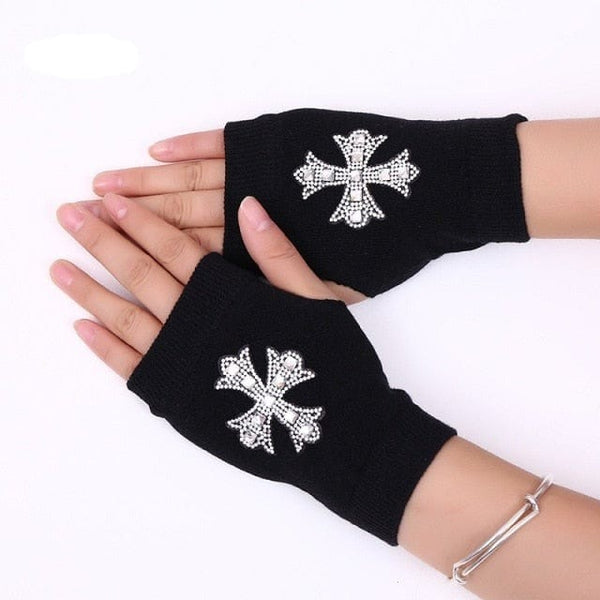 Skull Winter Rivet Warm Knitted Finger less Gloves