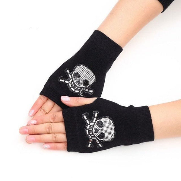Skull Winter Rivet Warm Knitted Finger less Gloves