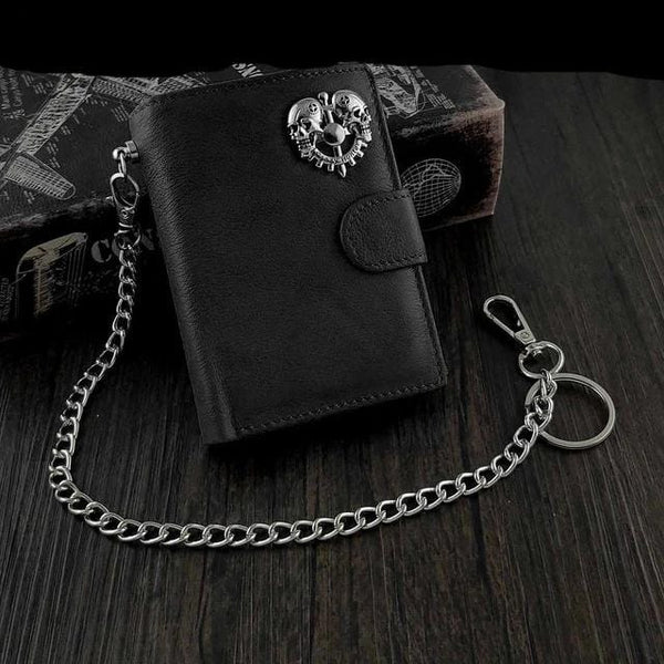 Men's Genuine Leather Snap Skull Biker Wallet with Safe Chain - Skull Clothing and Accessories Skull only Merchandise