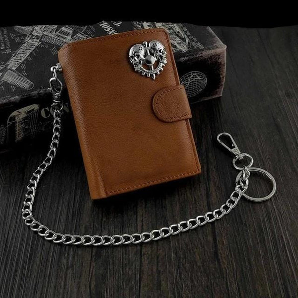 Men's Genuine Leather Snap Skull Biker Wallet with Safe Chain - Skull Clothing and Accessories Skull only Merchandise