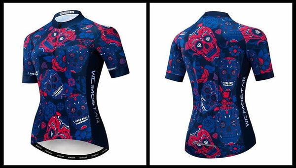Women's Blue Red Skull Cycling Jersey