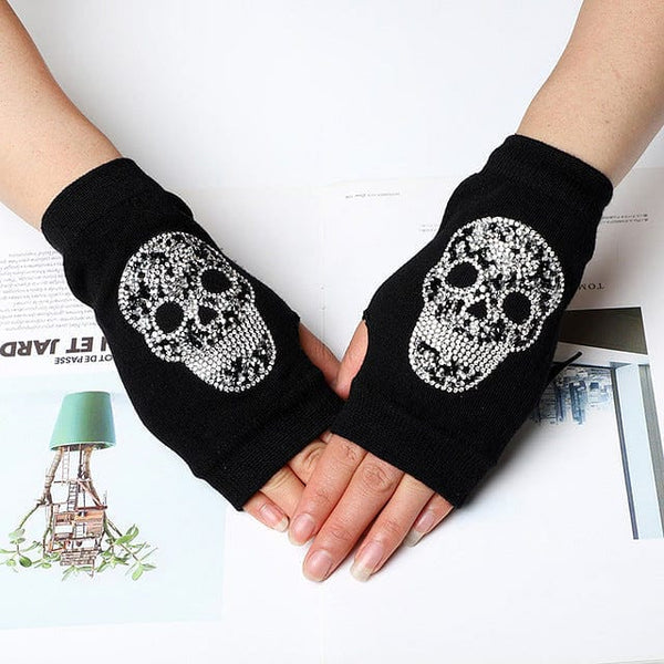 Winter Warm Touch Screen Black Knit Half Finger Skull Rhinestone Gloves