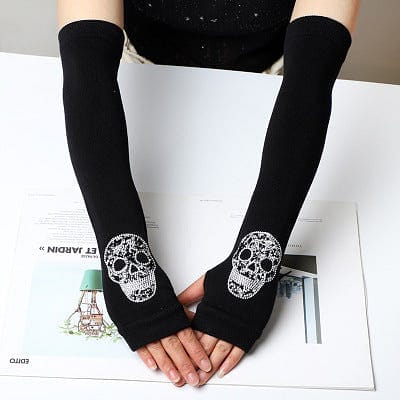 Winter Warm Touch Screen Black Knit Half Finger Skull Rhinestone Gloves