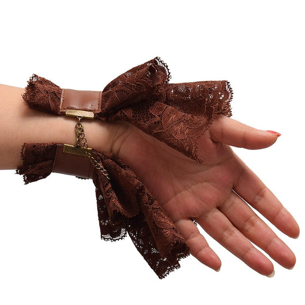 Steampunk Gothic Punk Lolita Brown Ruffled Lace Wrist Cuffs