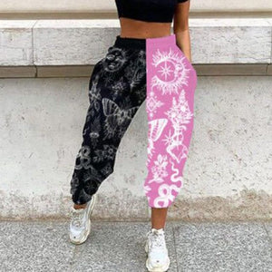 Women's Casual Black & Pink Print Elastic Waist Pocket Wide Leg Pants