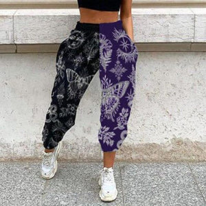Women's Casual Black & Purple Print Elastic Waist Pocket Wide Leg Pants
