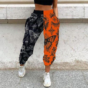 Women's Casual Black & Orange Print Elastic Waist Pocket Wide Leg Pants