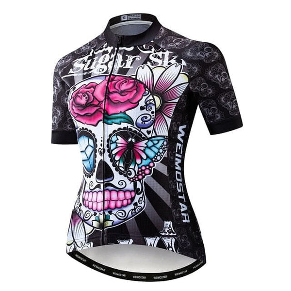Women's Skull Pink Flowers Cycling Jersey