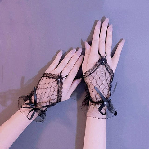 Gothic Short Black Lace Bridal Lolita Bow Fishnet Gloves