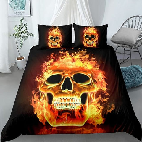 2/3pcs Fire Skull Duvet Cover Set With Pillowcase
