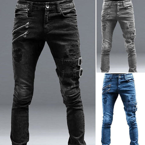 Men's Cacual Ripped Zippers & Buckles Jeans