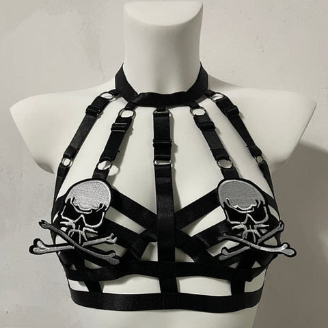 Skull Strappy Embroidery Patch Adjustable Cage Bra