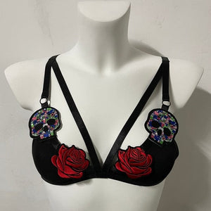 Skull Roses Embroidery Patch Adjustable Cage Bra