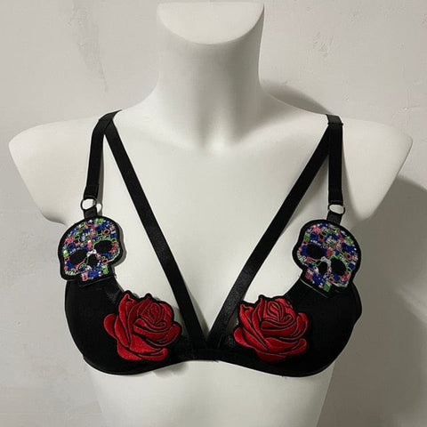 Skull Roses Embroidery Patch Adjustable Cage Bra