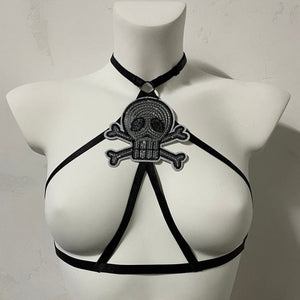 Skull Cross Bones Center Embroidery Patch Adjustable Cage Bra