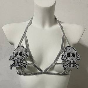 Skull Cross Bones Gray Embroidery Patch Adjustable Cage Bra