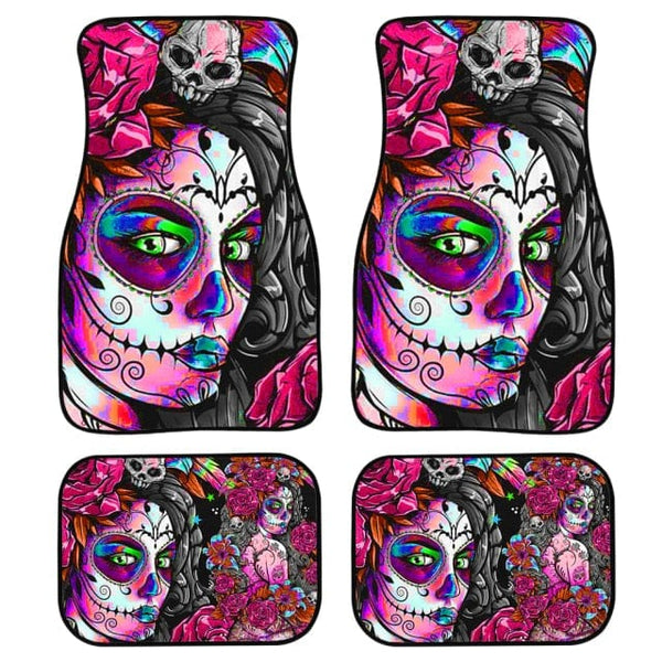 Floral Skull Day of the Dead Print Floor Mats For Cars 21 Colors