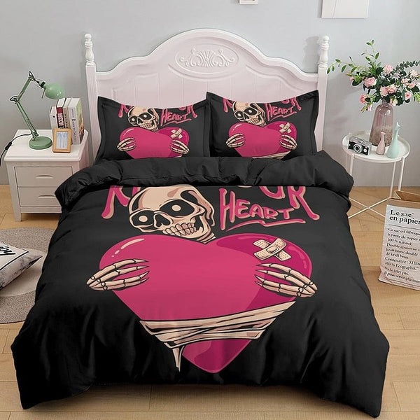 Skull Pink Heart Duvet Cover Set With Pillowcase 2/3pcs