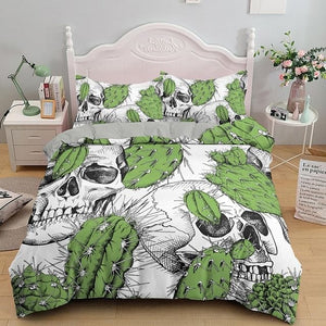 Green Cactus Skull Duvet Cover Set With Pillowcase 2/3pcs