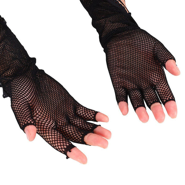 Mesh Lace-Up Fishnet Elasticity Hollow Cross Ribbon Punk Half Finger Gloves
