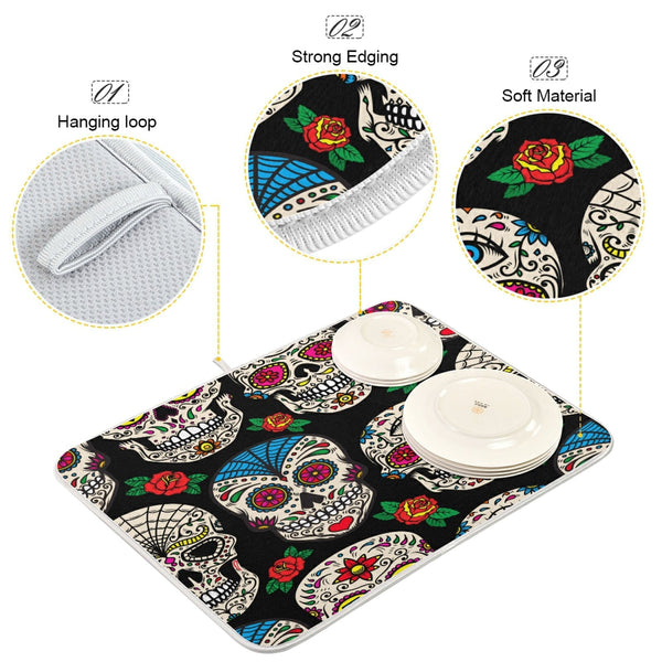 Vintage Rose And Skull Print Dish Drying Mat For Kitchen 5 Patterns