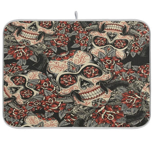 Vintage Rose And Skull Print Dish Drying Mat For Kitchen 5 Patterns