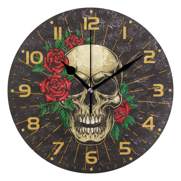 Skull With Roses Pattern Round Wall Clock Battery Operated