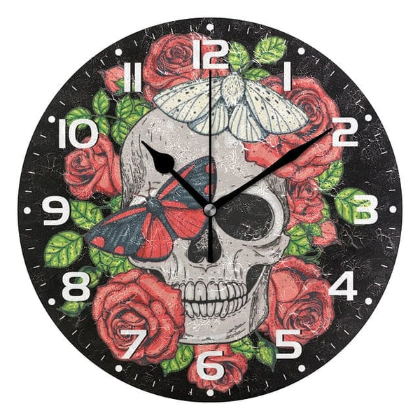 Skull With Red Roses Pattern Round Wall Clock Battery Operated