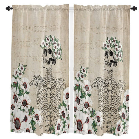 Skull White Flowers Curtains For Home Decorative