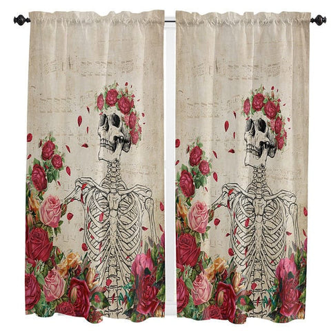 Skull Red Flowers Curtains For Home Decorative