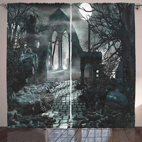 Gothic Full Moon Light Over Medieval Temple Window Drapes 5 Patterns