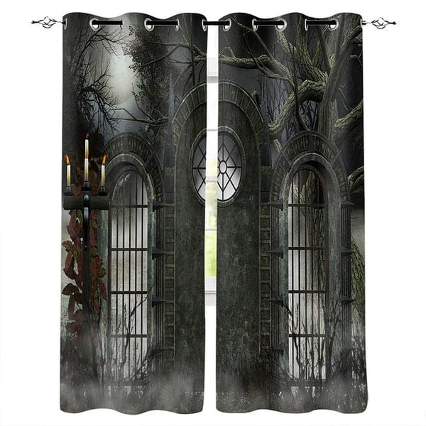 Gothic Full Moon Light Over Medieval Temple Window Drapes 5 Patterns